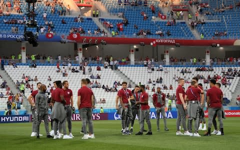 General view of England players having a look around the stadium as they inspect the pitch prior to the 2018 FIFA World Cup Russia group G match between Tunisia and England - Credit: FIFA