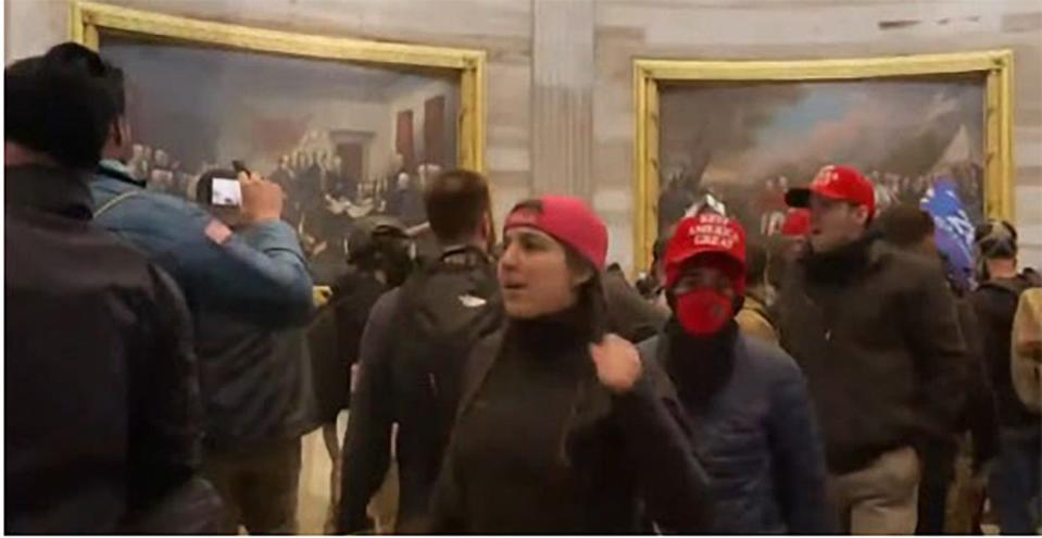 Abigail Yazdani-Isfehani, left; Loruhamah Yazdani-Isfehani, center, and, Loammi Yazdani-Isfehani, right, inside the U.S. Capitol during the Jan. 6, 2021 insurrection. All three later pleaded guilty to charges. .