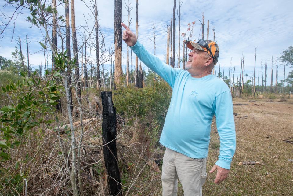 Dan Davis points out the scars that remain from the 2020 Five Mile Swamp Fire on his property along Ladda Court in Milton on Thursday, Jan. 11, 2024. Davis' house was one of 14 destroyed during that fire that ravaged Santa Rosa County around Garcon Point Road.