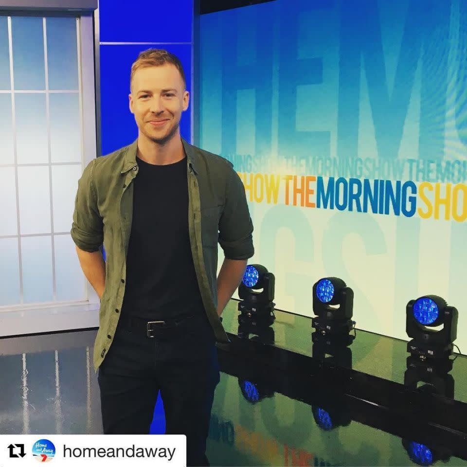 Angus poses for a pic after his Morning Show appearance on Channel 7 with Larry Emdur and Kylie Gillies. Source: Instagram/MrAngusMcClaren