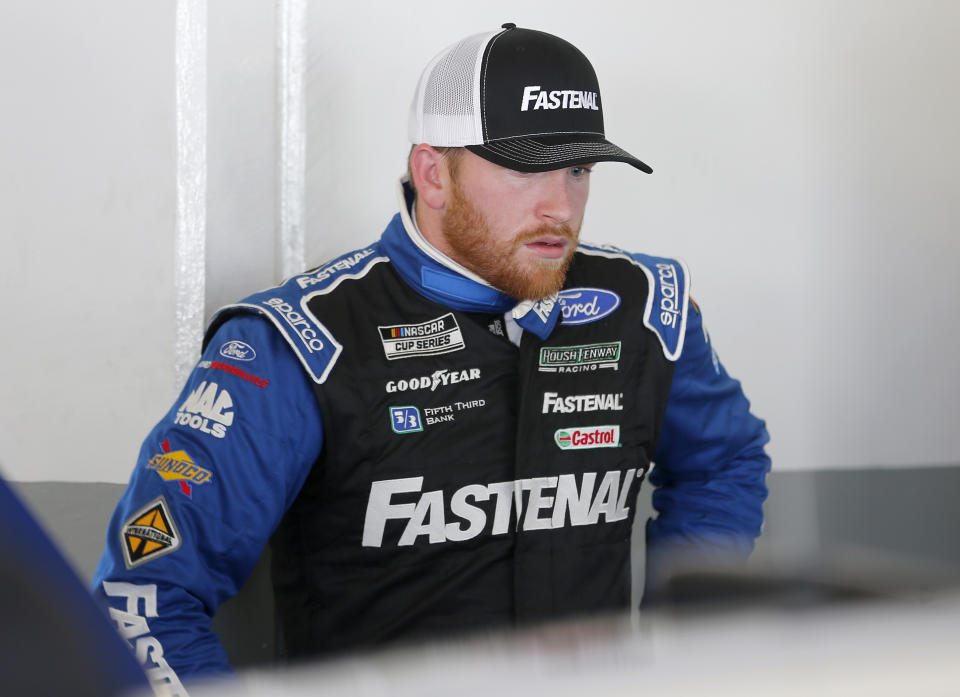 DAYTONA BEACH, FLORIDA - FEBRUARY 08: Chris Buescher, driver of the #17 Fastenal Ford, stands in the garage area during practice for the NASCAR Cup Series 62nd Annual Daytona 500 at Daytona International Speedway on February 08, 2020 in Daytona Beach, Florida. (Photo by Brian Lawdermilk/Getty Images)