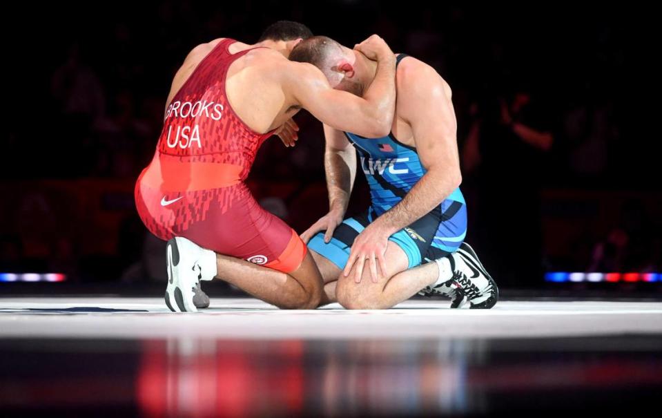 Aaron Brooks and David Taylor share a moment on the mat after Brooks won the bout to win the series at 86 kg at the U.S. Olympic Team Trials at the Bryce Jordan Center on Saturday, April 20, 2024. Brooks won, 3-1.