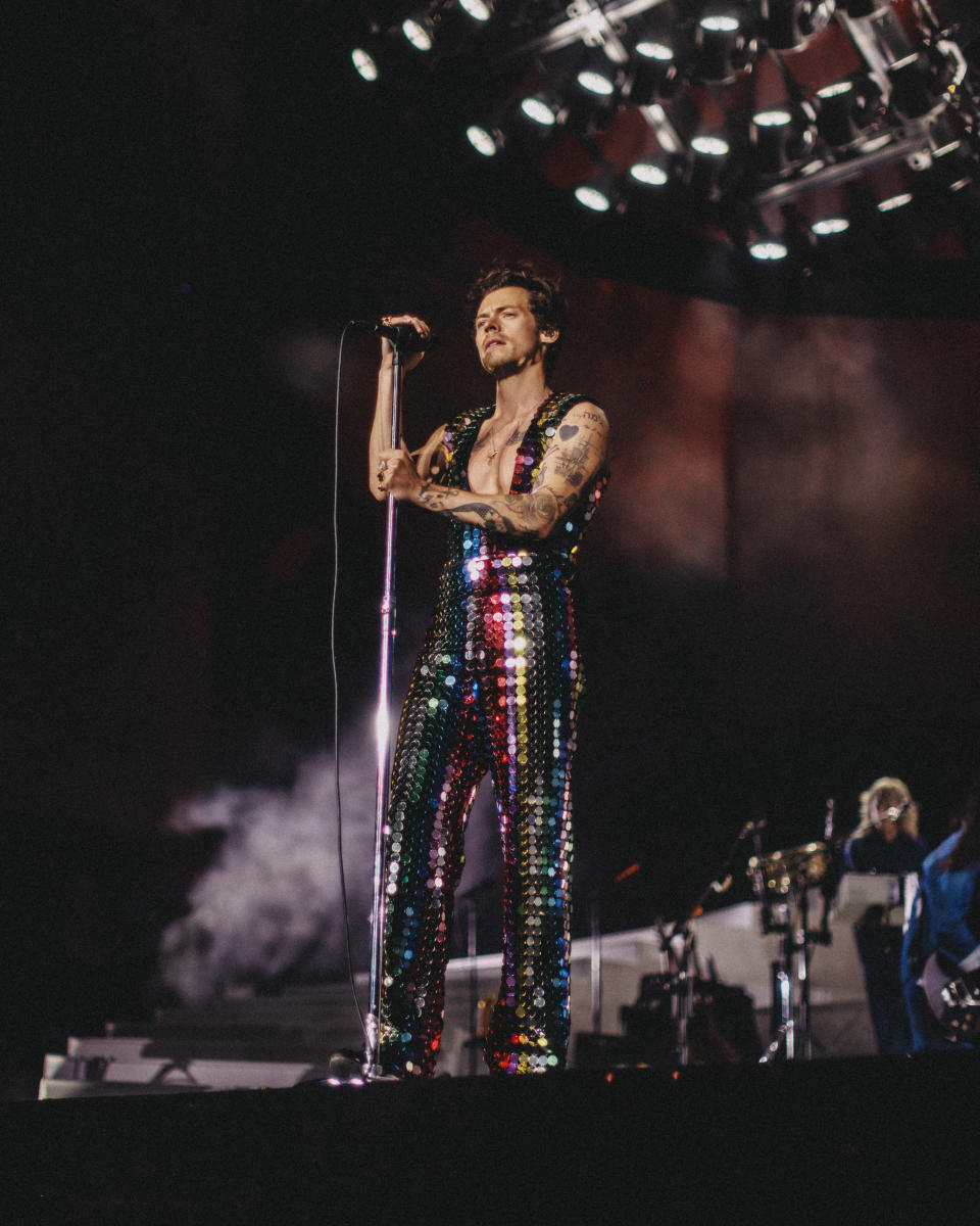 Harry Styles in Gucci at the 2022 Coachella Valley Music and Arts Festival. - Credit: Courtesy of Gucci