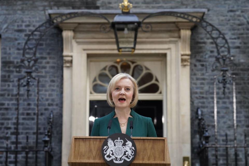 Liz Truss makes a speech outside 10 Downing Street as she resigns as PM (Stefan Rousseau/PA) (PA Wire)