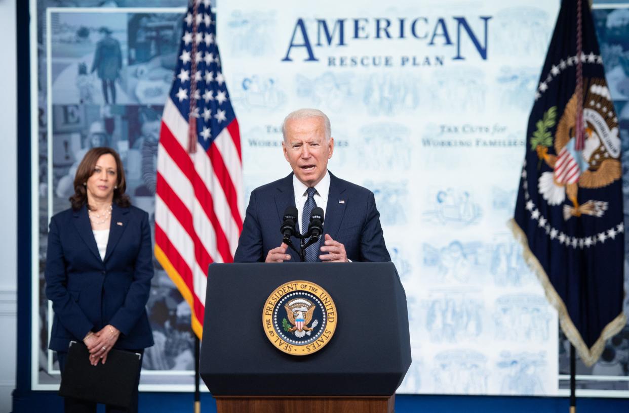 US President Joe Biden speaks alongside US Vice President Kamala Harris (L) speaks about the Child Tax Credit relief payments that are part of the American Rescue Plan during an event in the Eisenhower Executive Office Building in Washington, DC, July 15, 2021. (Credit: Saul Loeb AFP via Getty Images)