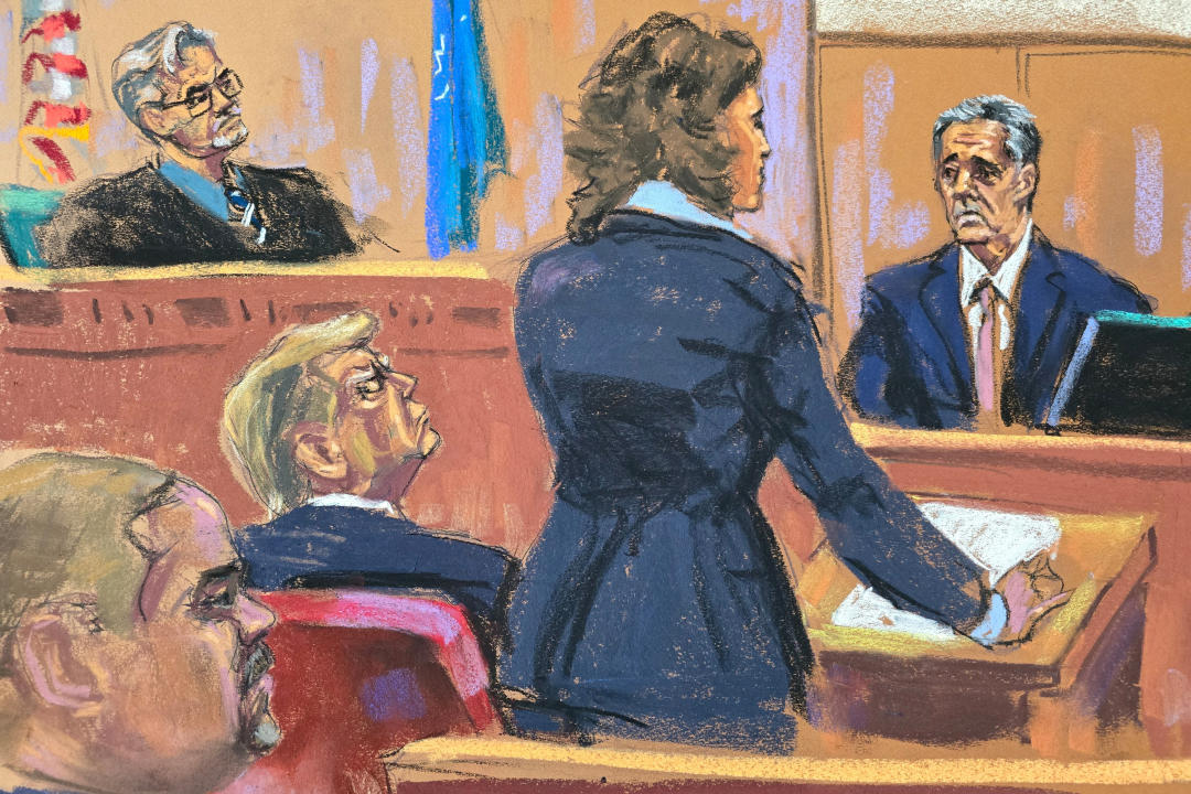 Michael Cohen is questioned by prosecutor Susan Hoffinger before Judge Juan Merchan as Trump and Alvin Bragg look on.