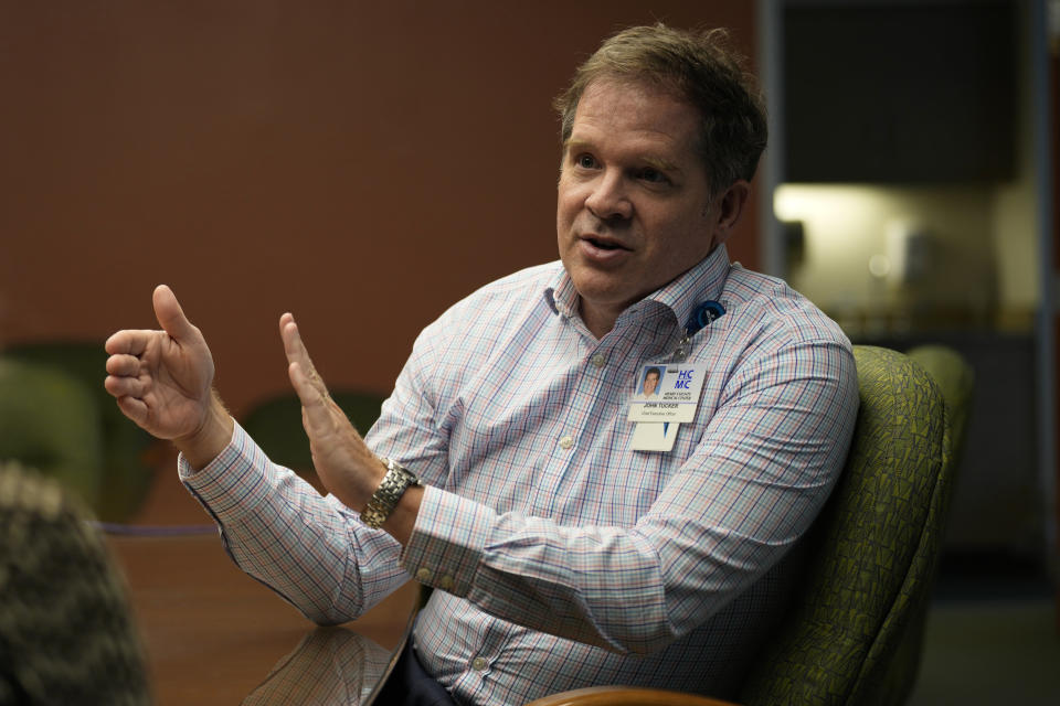 John Tucker, CEO of the Henry County Medical Center in Paris, Tenn., talks on Tuesday, Aug. 29, 2023, about the closing of the facility's maternity ward. Tucker said lack of money was the main reason for closing its obstetric unit, and it was a necessary step toward saving the hospital, which has been struggling financially for a decade. (AP Photo/Mark Humphrey)