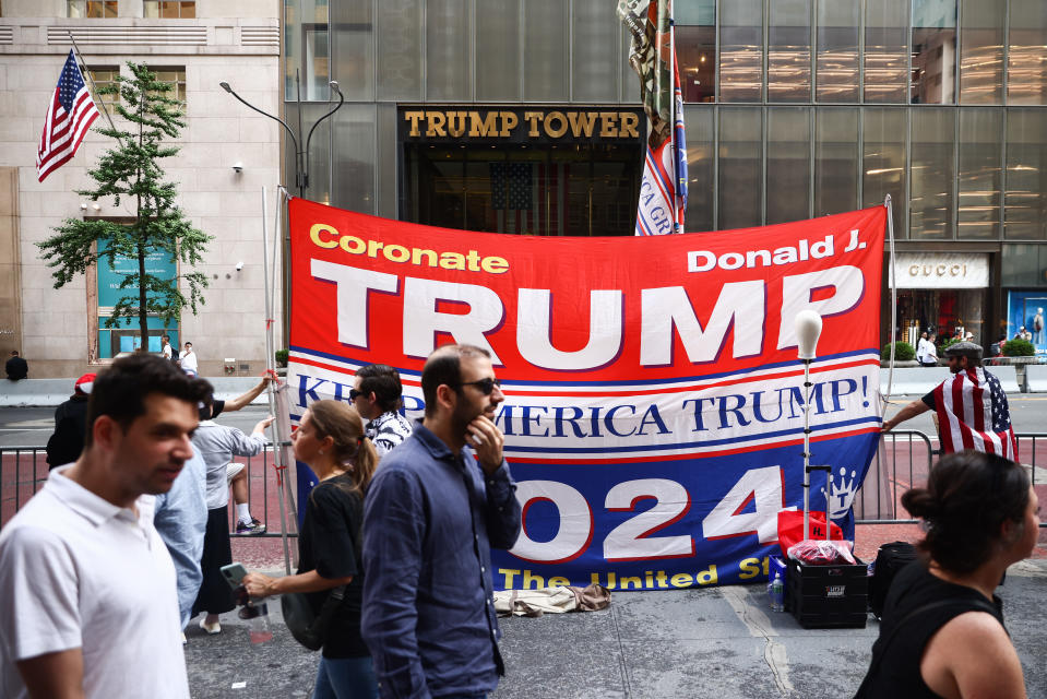 Donald Trump supporters demonstrate in front of Trump Tower building a day after the former U.S. President has been injured during shooting at campaign rally at the Butler Farm Show in Butler, Pennsylvania. New York City, United States of America on July 14th, 2024. (Photo by Beata Zawrzel/NurPhoto via Getty Images)