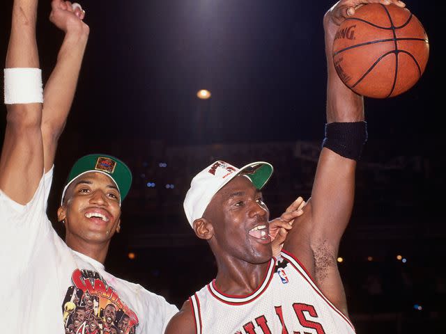 <p>Nathaniel S. Butler/NBAE/Getty</p> Michael Jordan #23 and Scottie Pippen #33 of the Chicago Bulls celebrate following Game Six of the 1992 NBA Finals