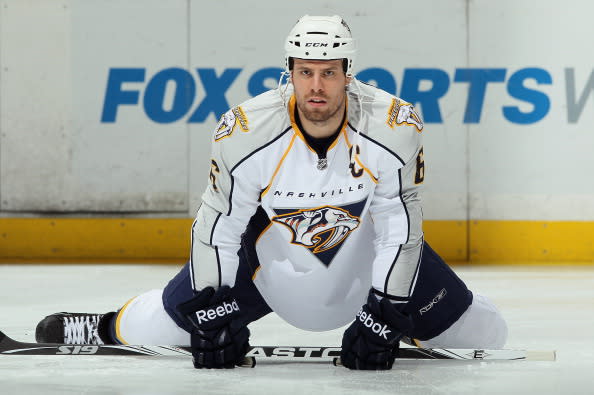 ANAHEIM, CA - JANUARY 05: Shea Weber #6 of the Nashville Predators stretches prior to the start of the game against the Anaheim Ducks at the Honda Center on January 5, 2011 in Anaheim, California. (Photo by Jeff Gross/Getty Images)