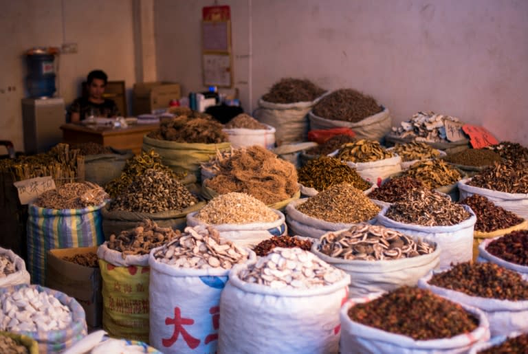 Various herbs and ingredients used in Chinese traditional medicine are seen for sale at the Caizhuanyue Market in Yulin, southern China's Guangxi region