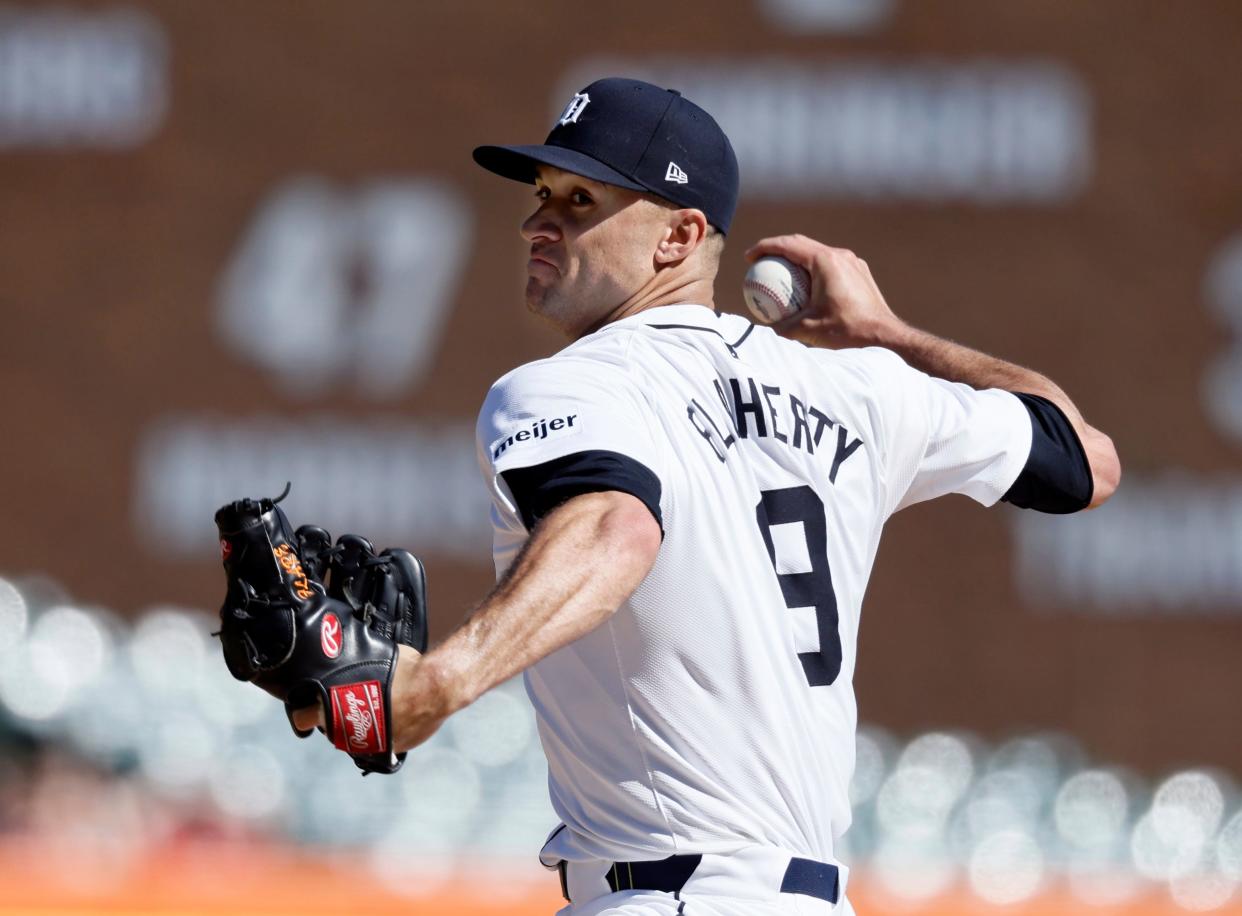 Jack Flaherty of the Detroit Tigers pitches against the St. Louis Cardinals during the fifth inning of game one of a doubleheader at Comerica Park on Tuesday, April 30, 2024 in Detroit, Michigan.