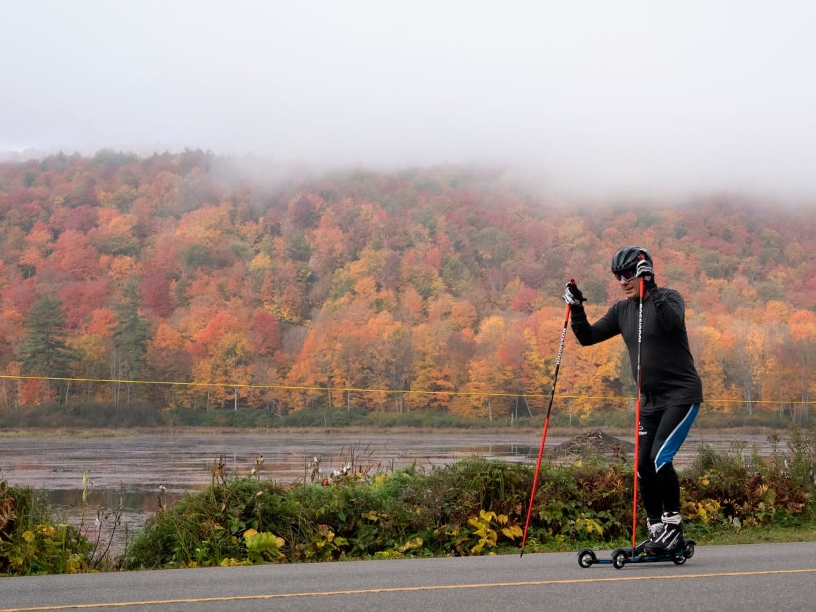 The fog lifts as a man roller-skis through Gatineau Park, Tuesday, Oct. 12, 2021 in Chelsea, Que. (Adrian Wyld/The Canadian Press - image credit)