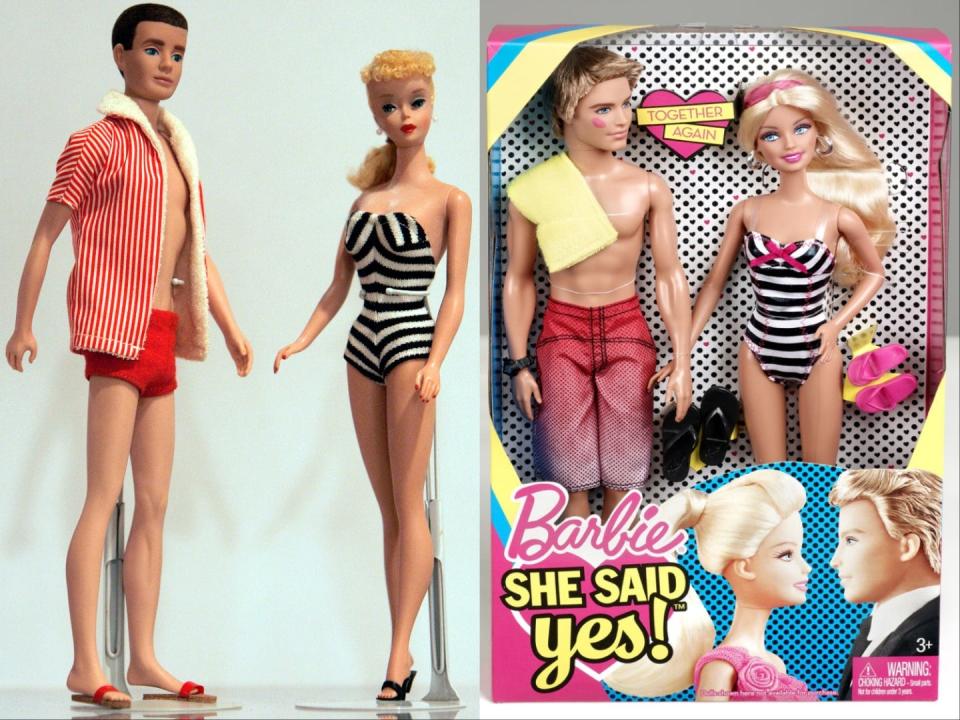 Barbie and Ken dolls from 1959 and 1961, and Barbie and Ken dolls from 2011