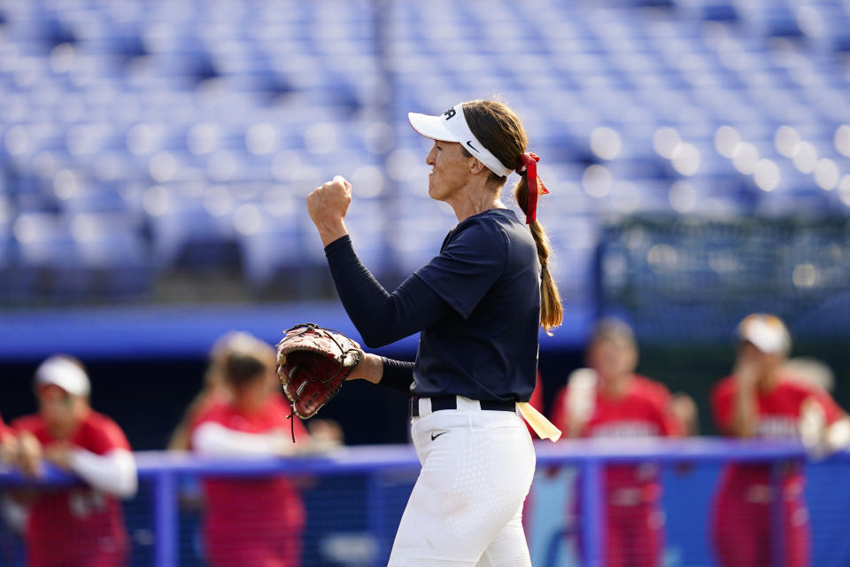 United States' Monica Abbott reacts after getting the win over Mexico during a softball game at the 2020 Summer Olympics, Saturday, July 24, 2021, in Yokohama, Japan. (AP Photo/Matt Slocum)