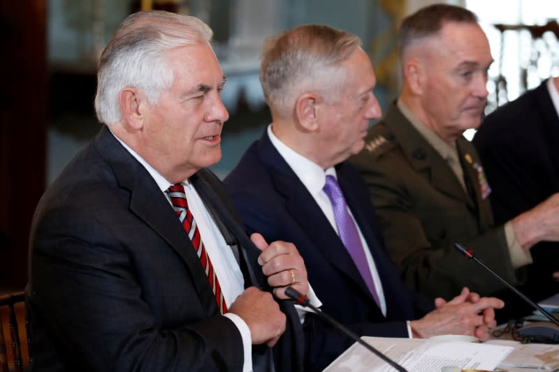 U.S. Secretary of State Rex Tillerson and Defense Secretary James Mattis meet with Chinese State Councilor Yang Jiechi and General Fang Fenghui, chief of the People's Liberation Army's Joint Staff Department prior to the U.S.-China Diplomatic and Security Dialogue at the State Department in Washington, U.S., June 21, 2017. REUTERS/Aaron P. Bernstein