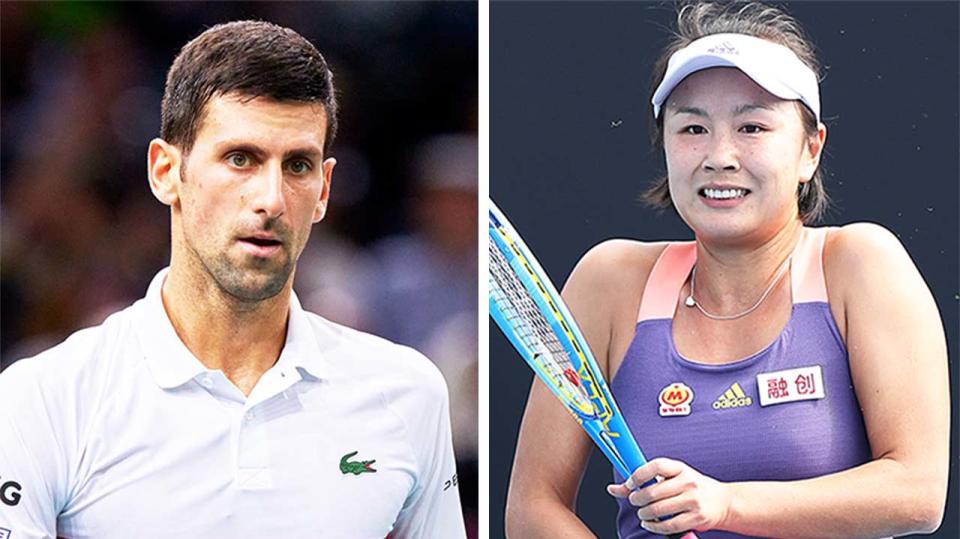 Novak Djokovic (pictured left) during the Paris Masters Final and (pictured right) Peng Shuai (pictured right) during the Australian Open.