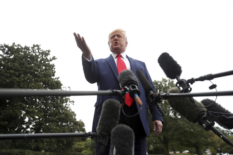 President Donald Trump speaks to members of the media on the South Lawn of the White House in Washington, Thursday, Oct. 3, 2019. (Photo: Andrew Harnik/AP)