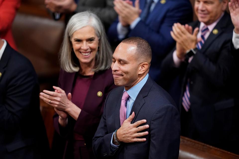 Rep. Hakeem Jeffries, R-N.Y., reacts after being nominated for a third round of votes for Speaker of the House in the House chamber on the opening day of the 118th Congress at the U.S. Capitol, Tuesday, Jan. 3, 2023, in Washington.