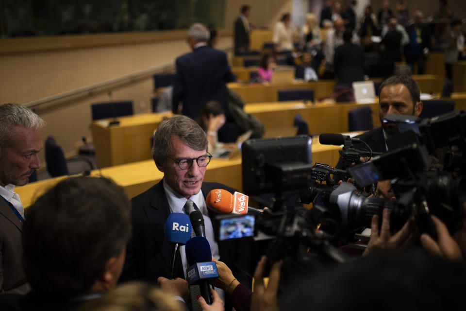 European Parliament President David Sassoli talks to journalists during a news conference at the European Parliament in Brussels, Thursday, Sept. 12, 2019. Sassoli says Prime Minister Boris Johnson's government has made no new proposals that would unblock Brexit talks and that talking about removing the so-called backstop from the divorce agreement is a waste of time. (AP Photo/Francisco Seco)