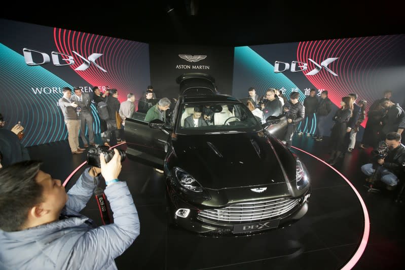 Aston Martin DBX, the company's first sport utility vehicle, is displayed at its global launch ceremony in Beijing