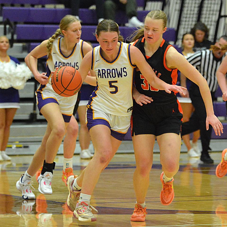 Watertown's Emery Thury (5) is hounded by Sioux Falls Washington's Tierney Schramm trying to get down the floor during their high school girls basketball game on Friday, Feb. 2, 2024 in the Watertown Civic Arena. Washington won 46-41.