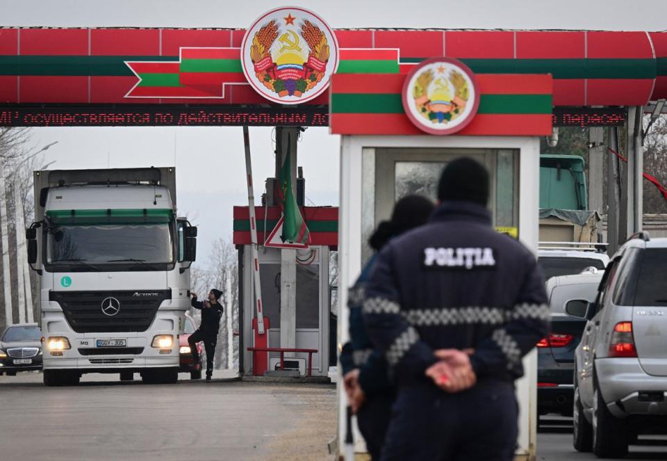 Cars wait in line at the Bender crossing point between the self-proclaimed republic of Transnistria and Moldova on March 1, 2024. (Daniel Mihalescu/AFP via Getty Images)