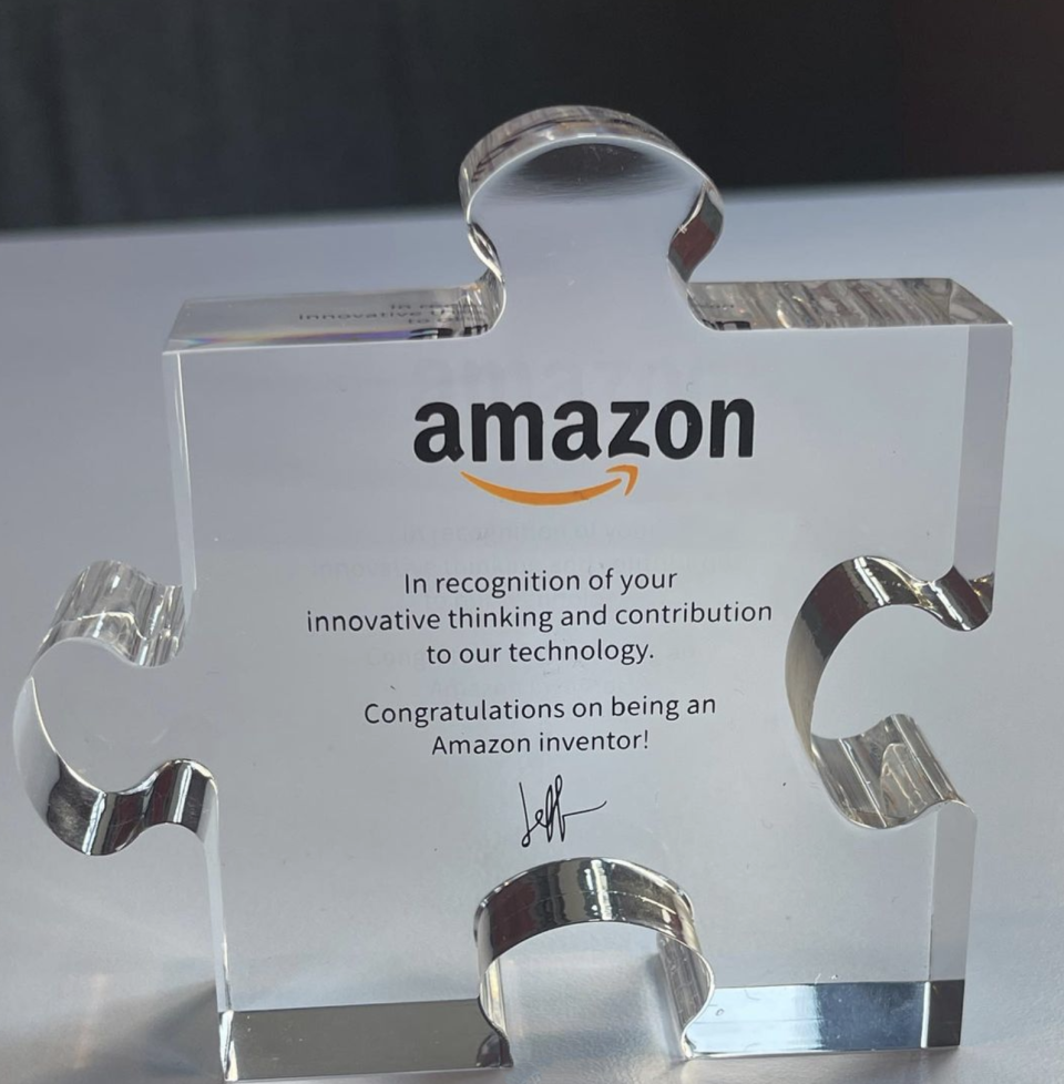 Brandon Fluegel received an award from Amazon for filing a patent on behalf of the company in March 2023.