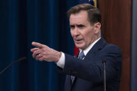 Pentagon spokesman John Kirby speaks during a media briefing at the Pentagon, Wednesday, Feb. 17, 2021, in Washington. (AP Photo/Alex Brandon)