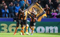 <p>Hull City’s Andrew Robertson celebrates scoring their first goal with teammates </p>