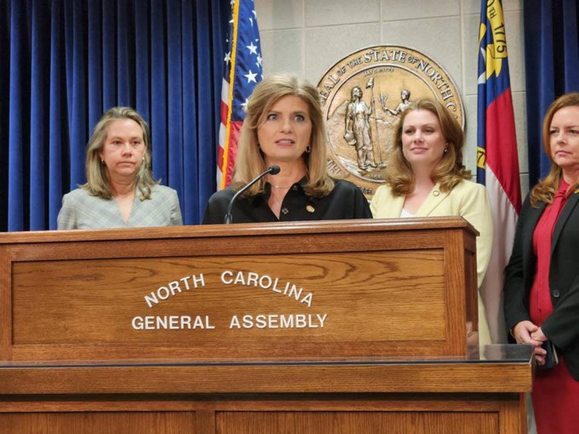 Sen. Lisa Stone Barnes, a Spring Hope Republican, speaks during the Republican supermajority’s press conference about a bill restricting abortions on Tuesday evening, May 2, 2023 at the Legislative Building in Raleigh, N.C.