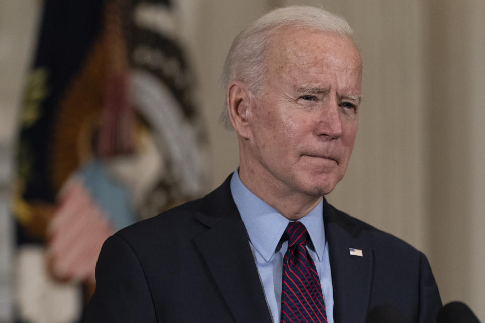 FILE - In this Feb. 5, 2021, file photo President Joe Biden speaks about the economy in the State Dinning Room of the White House in Washington. Biden’s push for a giant COVID-19 relief bill is forcing an internal reckoning that pits his instincts to work toward a bipartisan deal against the demands of an urgent crisis and his desire to deliver for those who helped elect him. (AP Photo/Alex Brandon, File)