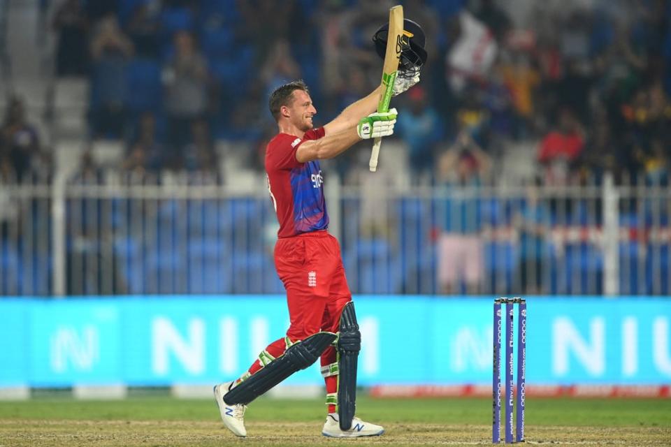 England opener Jos Buttler celebrates his century at Sharjah during the T20 World Cup (Getty Images)