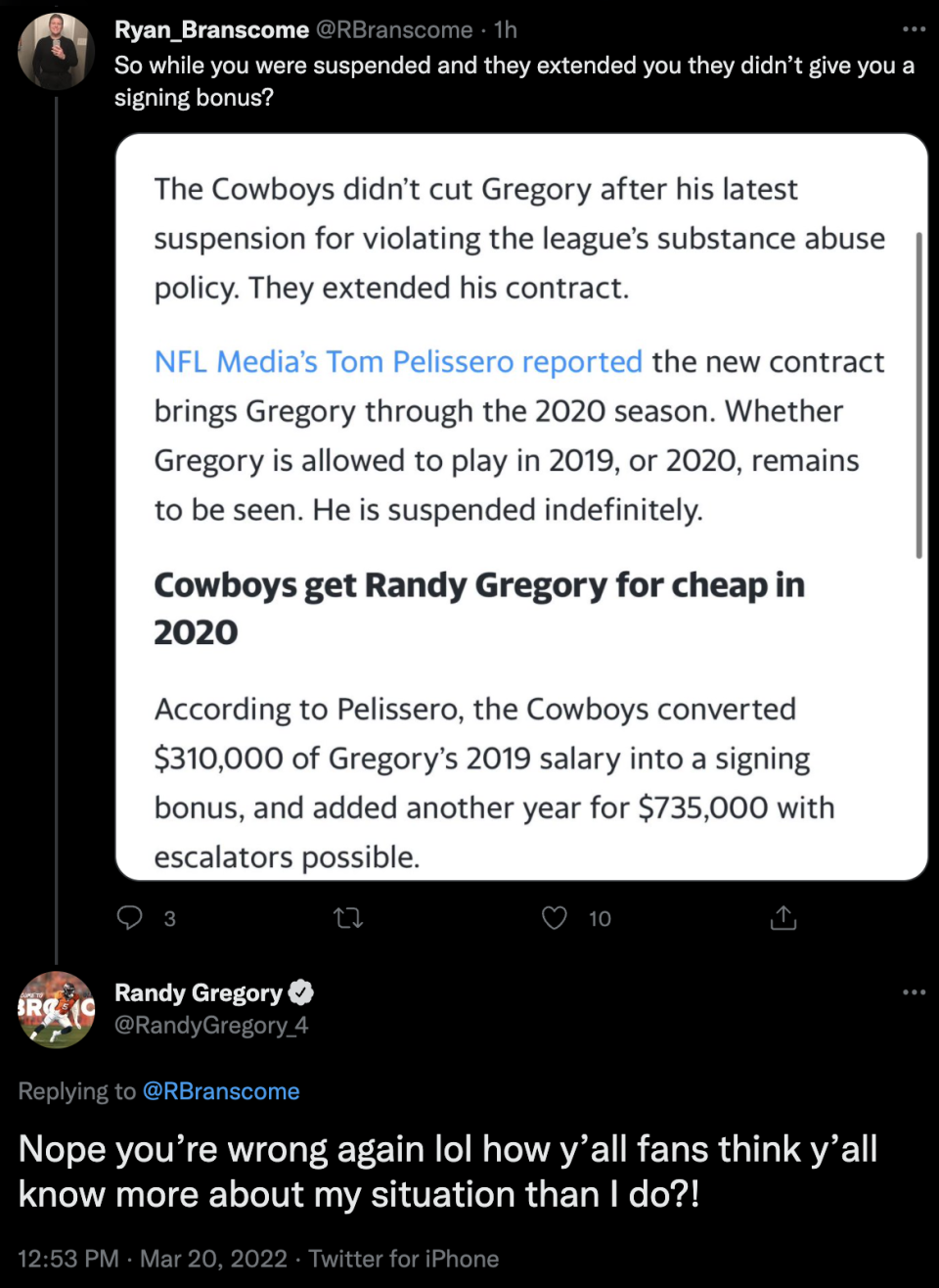 Randy Gregory tells a Cowboys fan that he doesn't know what he's talking about when it comes to Gregory's contract. (Yahoo Sports)