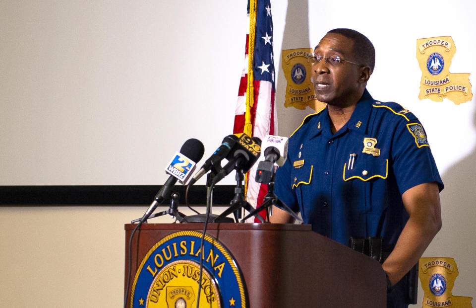FILE - In this Friday, May 21, 2021 file photo, Col. Lamar Davis, superintendent of the Louisiana State Police, speaks about the agency's release of video involving the death of Ronald Greene, at a news conference in Baton Rouge, La. Greene was jolted with stun guns, put in a chokehold and beaten by troopers, and his death is now the subject of a federal civil rights investigation. (Alyssa Berry/The Advocate via AP)