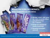 <p>Nach der Sommerpause im Juli und August meldete sich die Verbraucherzentrale Hamburg und im September zurück und vergab den Titel Mogelpackung des Monats erneut an Milka. Dieses Mal langte Hersteller Mondelez bei den Großtafeln zu.<br>Drin sind nun nur noch 270 Gramm, statt vorher 300 Gramm. Bei gleichem Preis versteht sich. Das macht eine Preiserhöhung von 11,1 Prozent.<br>Die Experten der Verbraucherzentrale sind sich sicher, dass Kunden nicht merken sollen, dass sie weniger für ihr Geld bekommen: „Mondelez tut aus unserer Sicht wirklich alles, um die Füllmengenreduzierung geheim zu halten. Die Verpackung blieb unverändert, sodass Käufern die Mengenänderung beim Einkauf sicherlich nicht auffallen wird. Das Design der Verpackung ist quasi identisch, die Größe der Tafel ebenfalls, kein auffallender Hinweis macht Verbraucher auf die Schrumpfung aufmerksam. Lediglich im Kleingedruckten auf der Rückseite wird die Pflichtangabe zum Gewicht korrigiert.“<br>Damit die Schokolade von der Länge her nach wie vor in die gleiche Verpackung passt, hat Mondelez in die Trickkiste gegriffen. Die Tafeln sind nicht kürzer, sondern einfach ein bis zwei Millimeter dünner als die Vorgängermodelle. Auf Nachfrage der Verbraucherzentrale habe Mondelez die Auskunft schlicht verweigert. </p>