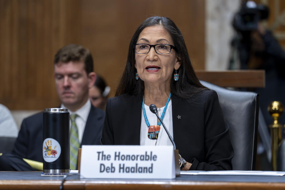 FILE - Interior Secretary Deb Haaland testifies on Capitol in Washington, May 2, 2023. The Biden administration on Friday proposed up to three oil and gas lease sales in the Gulf of Mexico over the next five years — and none in Alaska — as it tries to navigate between energy companies that have pressed for greater oil and gas production and environmental activists who have urged President Joe Biden to shut down new offshore drilling in the fight against climate change. (AP Photo/J. Scott Applewhite, File)