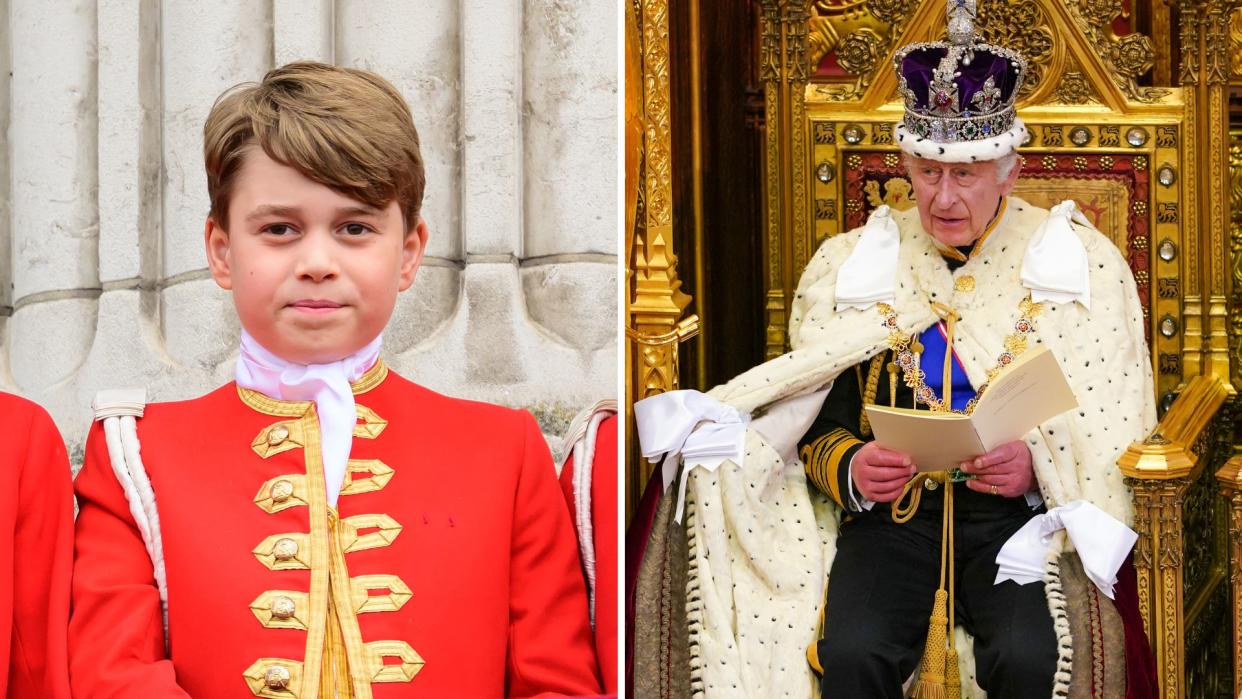  Prince George was the only one of King Charles's Pages not to attend this occasion. Seen here are Prince George at the coronation and King Charles at the State Opening of Parliament 2023. 