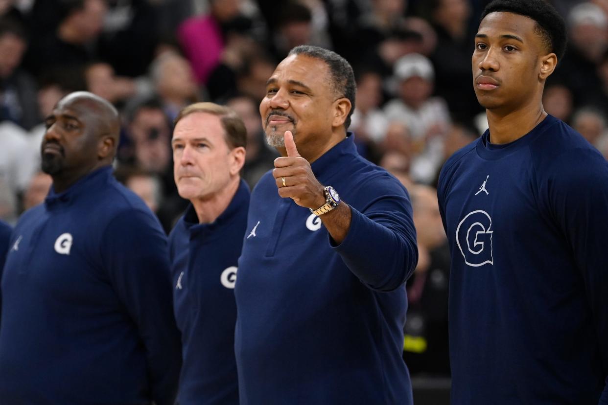 Jan 27, 2024; Providence, Rhode Island, USA; Georgetown Hoyas head coach Ed Cooley gives a thumbs up before the first half against the Providence Friars at Amica Mutual Pavilion. Mandatory Credit: Eric Canha/USA TODAY Sports, file