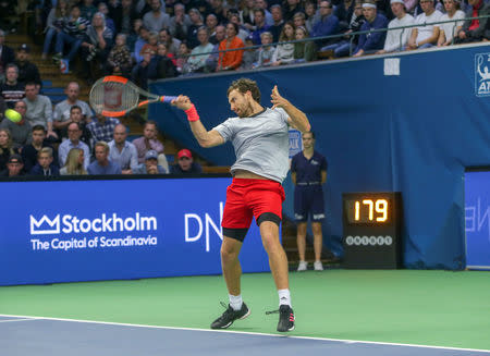 Tennis - ATP Stockholm Open - Men's Single Final - Stockholm, Sweden - October 21 2018. Ernests Gulbis of Latvia in action against Stefanos Tsitsipas of Greece. TT News Agency/Soren Andersson/via REUTERS