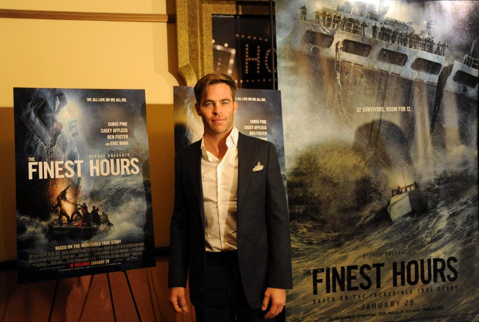 Chris Pine, who starred in "The Finest Hours" filmed on Cape Cod, stands outside AMC Boston Common before a special showing of the movie on Jan. 28, 2016.