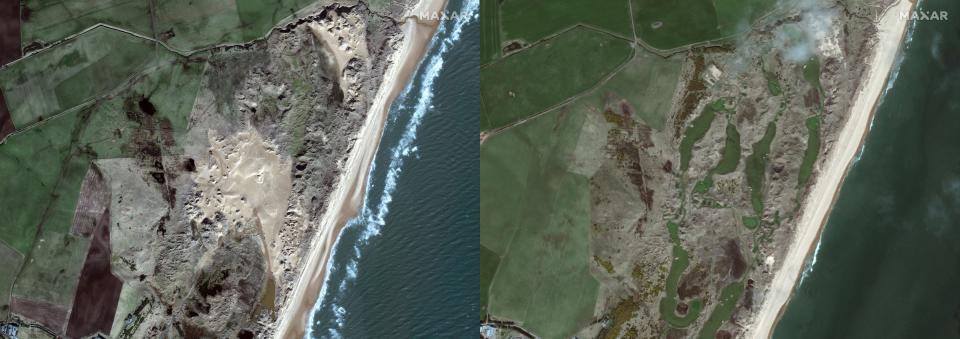 Before-and-after photos of the coastal stretch of land where Donald Trump built his Aberdeenshire golf course.