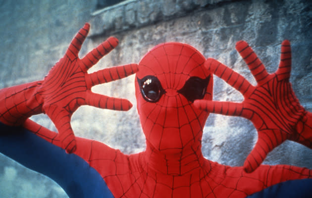 <b>DIY Spider-Man</b><br><br> We reckon the live-action 1977 TV series was the most realistic version of Spidey yet with those crudely made eye patches and web lines drawn on with felt tip. Still a great watch, but is only available on VHS. (Credit: REX) <br><br><b>[Related video: <a href="http://uk.movies.yahoo.com/blogs/editors/exclusive-total-recall-trailer-083206999.html" data-ylk="slk:Watch the new ‘Total Recall’ trailer;elm:context_link;itc:0;sec:content-canvas;outcm:mb_qualified_link;_E:mb_qualified_link;ct:story;" class="link  yahoo-link">Watch the new ‘Total Recall’ trailer</a> ]</b>