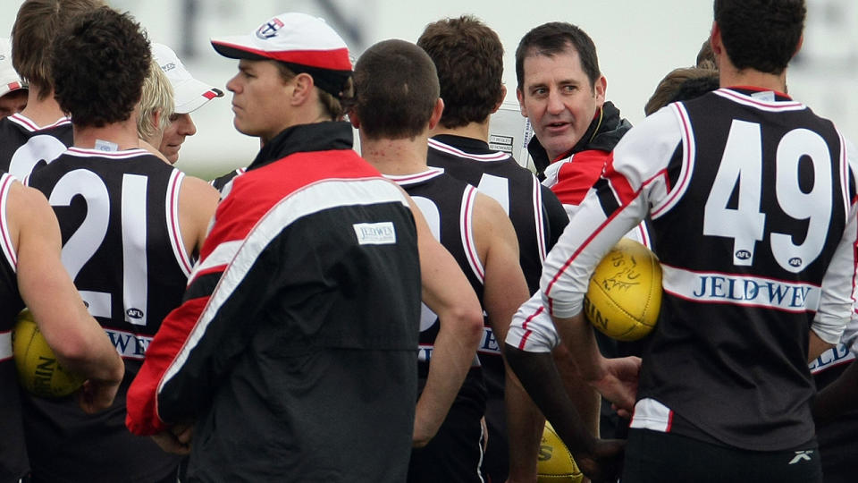 Ross Lyon, pictured here talking to his St Kilda players during a training session in 2009.