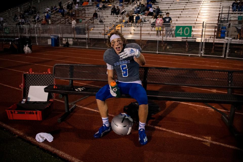 Poudre High School's Jordan Niesent flashes the number three for the number of interceptions he grabbed against Castle View at French Field in Fort Collins, Colo. on Friday, Sept. 2, 2022.