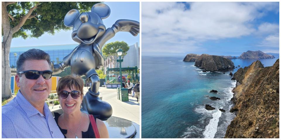 Eric and Beth Ann Mott pose in front of a Mickey Mouse statue