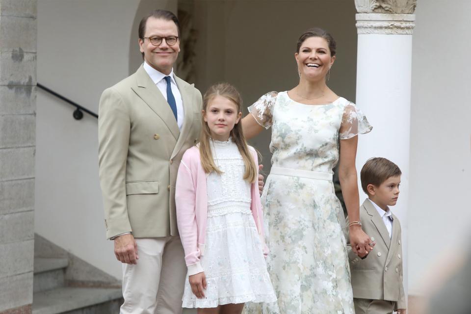 Prince Daniel of Sweden, Princess Estelle of Sweden, Crown Princess Victoria of Sweden and Prince Oscar of Sweden pose in the garden of the family summer palace Solliden on Oland island to celebrate Crown Princess Victoria of Sweden's 45th birthday on July 14, 2022 in Oland, Sweden.