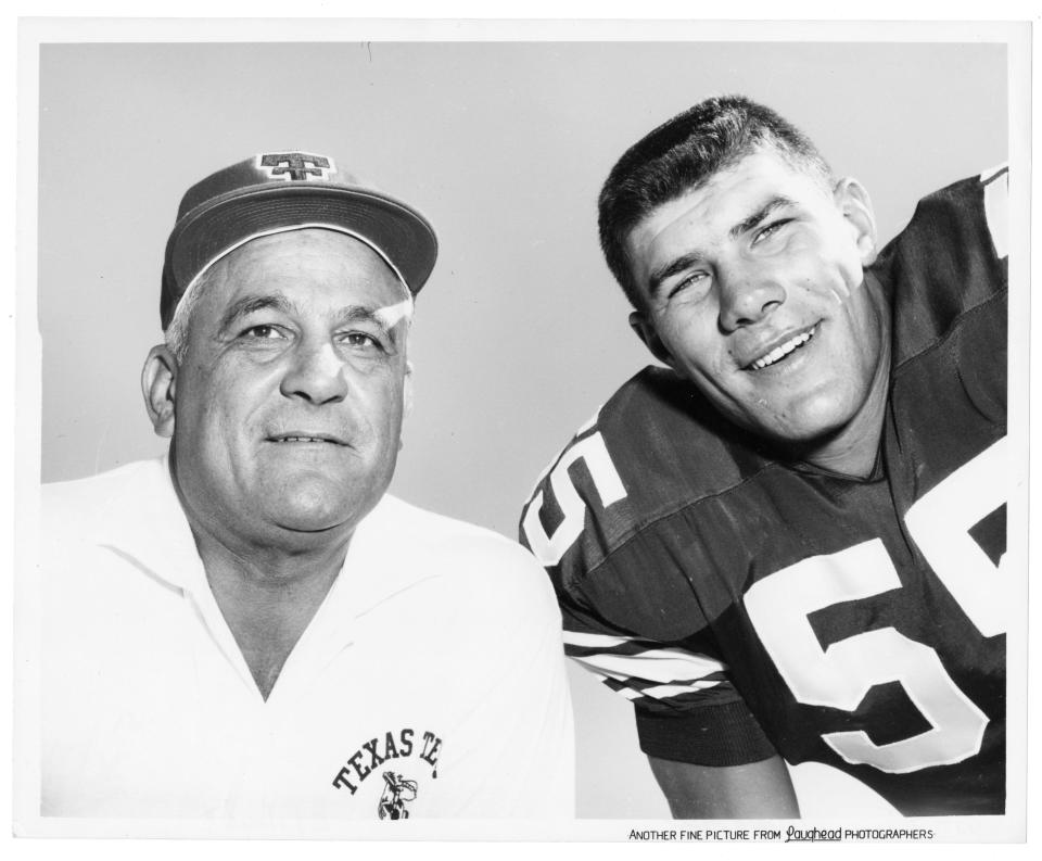 Former Texas Tech coach and athletics director DeWitt Weaver, left, pictured with Red Raiders all-American E.J. Holub.