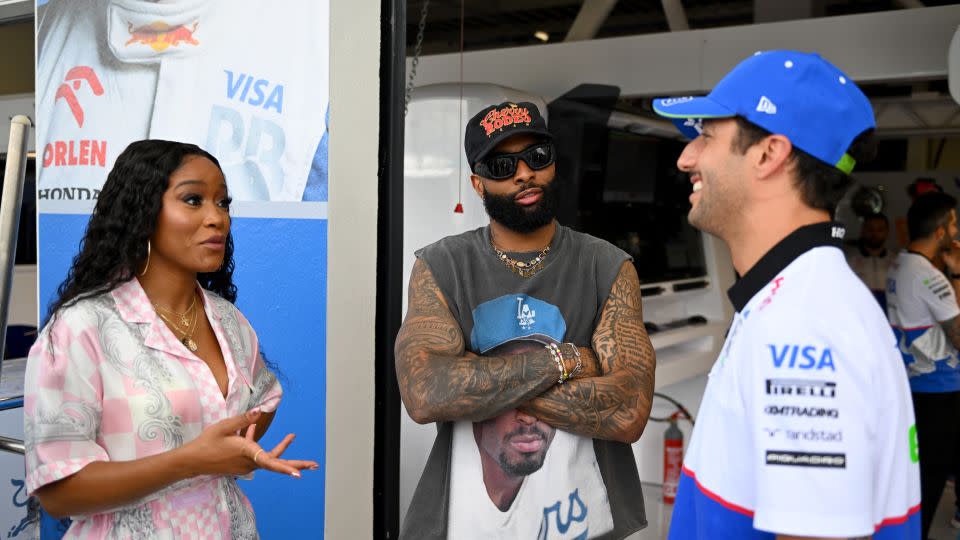Odell Beckham Jr and Keke Palmer chat with Daniel Ricciardo on May 5. - Rudy Carezzevoli/Getty Images North America/Getty Images