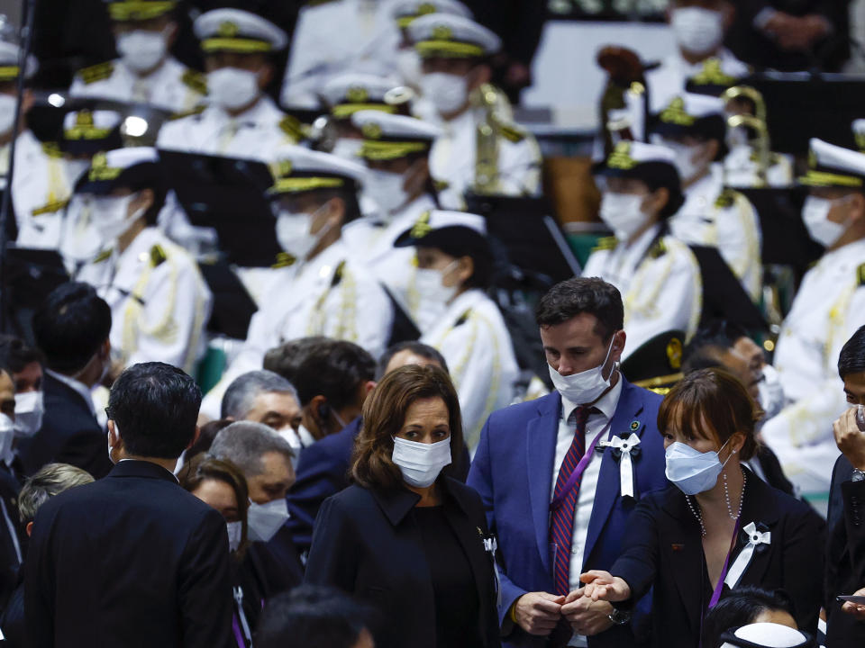 U.S. Vice President Kamala Harris, center, attends the state funeral for former Japanese Prime Minister Shinzo Abe at Nippon Budokan Hall in Tokyo, Japan, Tuesday Sept. 27, 2022. (Kim Kyung-Hoon/Pool Photo via AP)